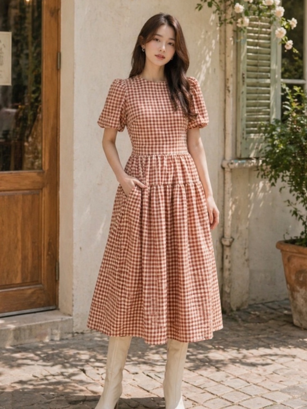 En Saison Women's Juni Round-Neck Bubble-Sleeve Tie-Back Scalloped Midi Dress L - Picture 5 of 16